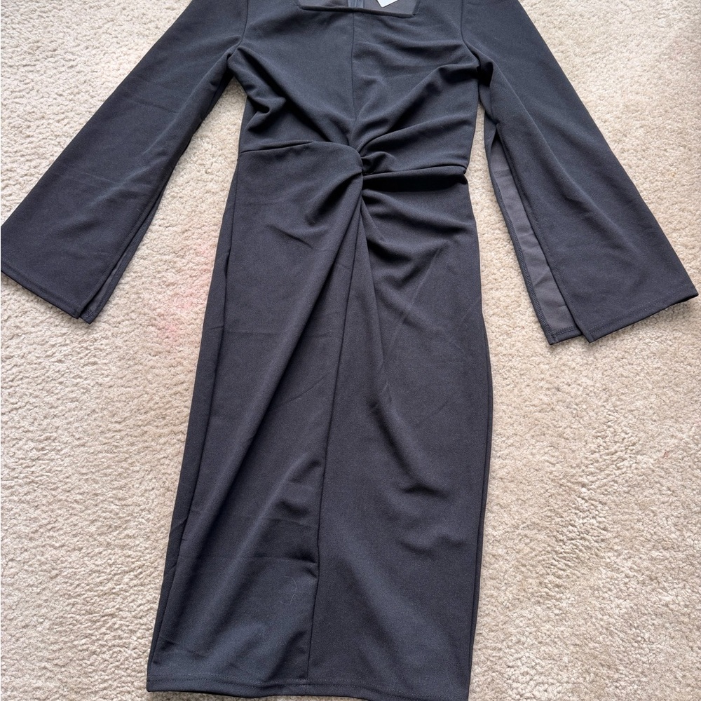 SexyCherry Black Midi Dress Twist Front Split Bell Sleeve Bodycon Stretch NWT S